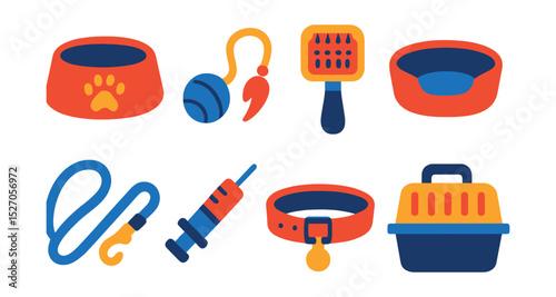 Flat vector icons of pet care essentials: dog bowl, cat toy, grooming brush, pet bed, leash, vaccination syringe, pet collar, pet carrier.