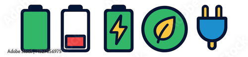 Flat vector icons of battery and power management: battery full, battery low, battery charging, power saving mode, plug icon.