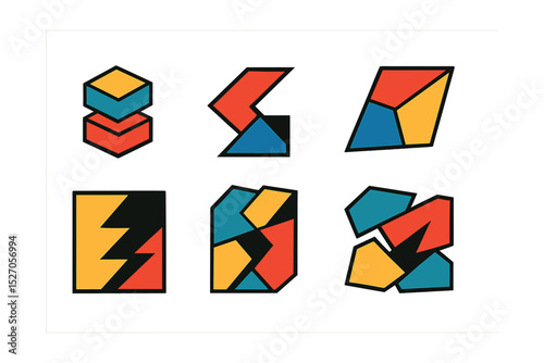 Flat vector icons of brutalist design motifs: layered blocks, sharp angles, bold color patches, irregular polygons, fragmented shapes, minimal textures, contrast patches, dynamic layouts.