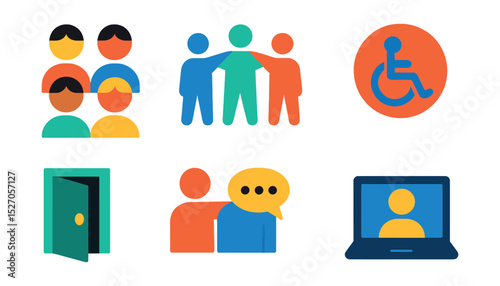 Flat vector icons of workplace culture: diversity, team spirit, innovation, inclusivity, open-door policy, respect, feedback culture, remote work.