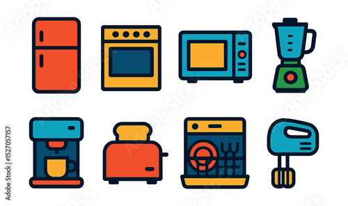 Flat vector icons of kitchen appliances: refrigerator, oven, microwave, blender, coffee maker, toaster, dishwasher, mixer.
