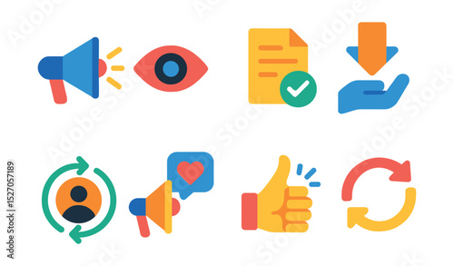 Flat vector icons of customer journey: awareness, interest, consideration, decision, retention, advocacy, feedback, loyalty loop.