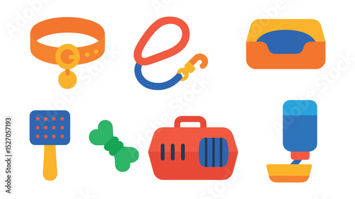 Flat vector icons of pet accessories: collar, leash, food bowl, pet bed, grooming brush, chew toy, pet carrier, water dispenser.