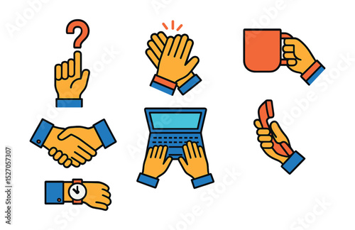 Flat vector icons of office hand gestures: hand raising question, hand clapping, hand holding coffee mug, hand offering handshake, hand typing on laptop, hand holding phone call, hand checking watch,