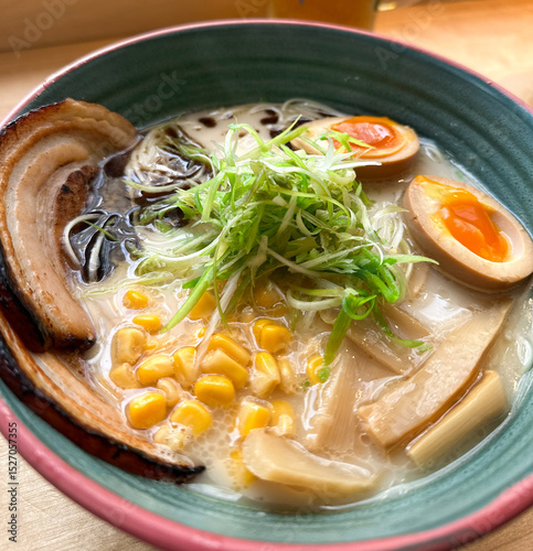 closeup of ramen bowl with ramen eggs