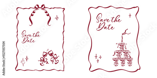 Whimsical invitation frames. Hand drawn coquette borders with ribbon and bow in simple crayon and sketch style. Trendy art for bachelorette party and wedding templates. Modern vector illustration