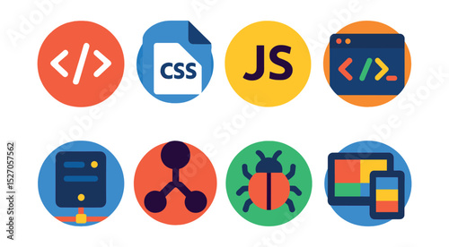 Flat vector icons of web development tools in circular style: HTML tag, CSS file, JavaScript symbol, code editor, server icon, git commit, bug report, responsive layout.