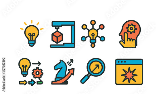 Flat vector icons of business innovation: light bulb idea, prototype, innovation network, design thinking, creative process, innovation strategy, research icon, new feature.