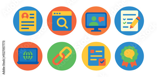 Flat vector icons of internet career tools in circular style: online resume, job portal, video interview, skill test, remote job icon, portfolio link, application form, hire me badge.
