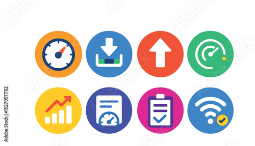 Flat vector icons of internet speed diagnostics in circular style: speedometer icon, download speed test, upload speed test, latency ping, jitter meter, test history, speed result, signal check.