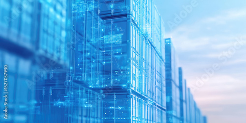 Stacked shipping containers forming a digital network with blue glowing lines. Futuristic technology and logistics concept