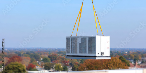 A large air conditioning unit is being lifted by yellow straps over a suburban area with trees and houses. Construction and installation process
