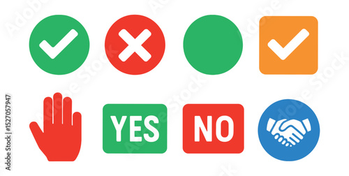 Flat vector icons of confirmation buttons: checkmark button, cancel cross, confirm circle, accept square, decline hand, yes button, no button, agree icon.