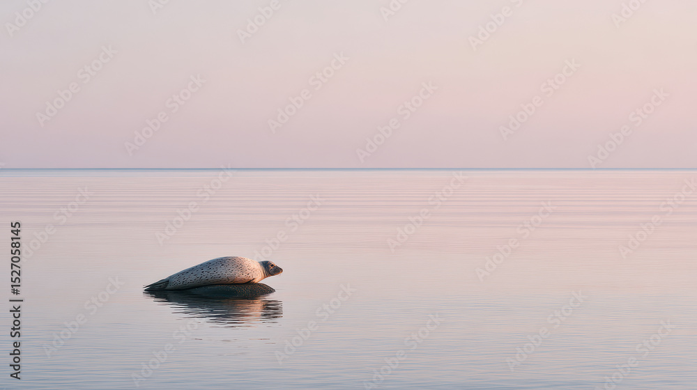 Obraz premium serene scene of seal resting on smooth sea surface bathed in soft light emphasizing pastel coral hues