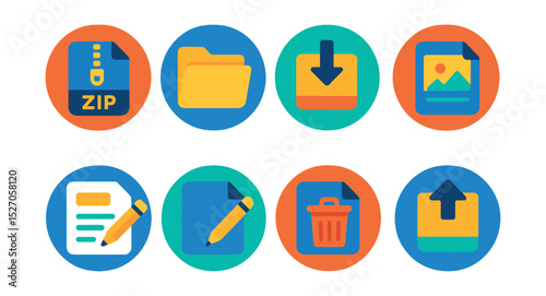 Flat vector icons of file management online in circular style: zip file, folder icon, download archive, file preview, online editor, rename file, delete file, upload version.