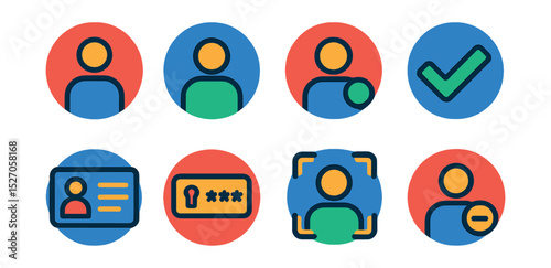 Flat vector icons of digital identity in circular style: avatar icon, profile circle, online badge, verified symbol, digital ID, login credentials, face scan, account status.