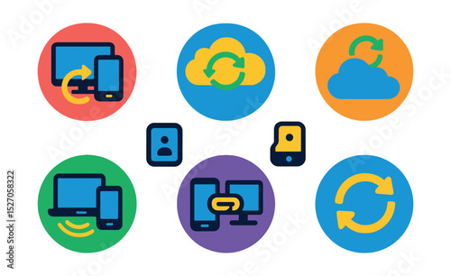 Flat vector icons of device sync features in circular style: cross-device access, sync cloud, auto backup, device pair, wireless sync, mobile desktop link, multi-login, sync icon.