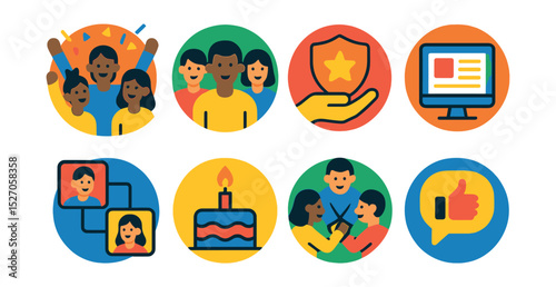 Flat vector icons of company culture visuals in circular style: team celebration, group photo icon, company value, internal newsletter, remote team, birthday icon, team ritual, positive feedback.