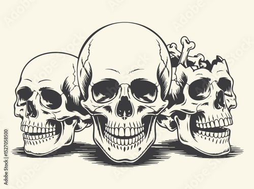 Three Skulls with Crossbones Art Print for Gothic and Edgy Home Decor, Skulls SVG, Skulls Art, Skulls  t-shirt