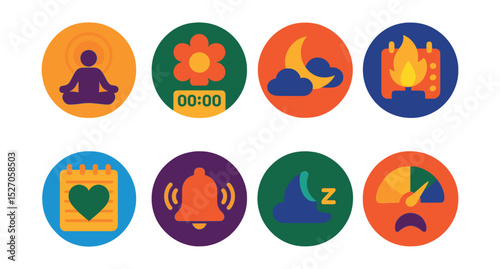 Flat vector icons of meditation and wellness apps in circular style: guided session, breathing timer, calm background, daily streak, mindfulness log, sleep sounds, focus bell, stress scale.