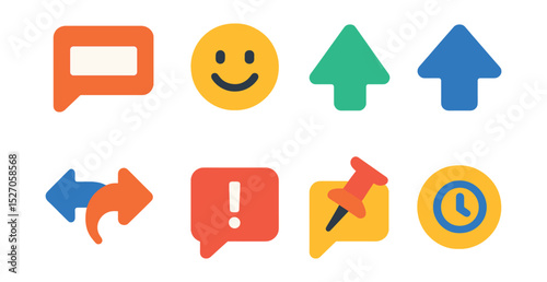 Flat vector icons of comment system tools: comment input, emoji reaction, upvote button, downvote button, reply thread, comment report, pinned comment, comment timestamp.