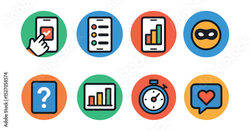 Flat vector icons of mobile voting and polls apps in circular style: cast vote, poll icon, vote results, anonymous option, question card, results chart, deadline timer, opinion icon.