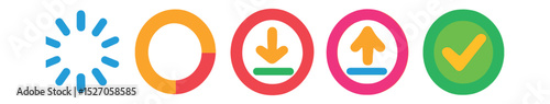 Flat vector icons of progress indicators in circular style: loading spinner, progress bar, download progress, upload progress, completed circle.