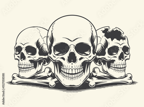 Three Skulls with Crossbones Art Print for Gothic and Edgy Home Decor, Skulls SVG, Skulls Art, Skulls  t-shirt