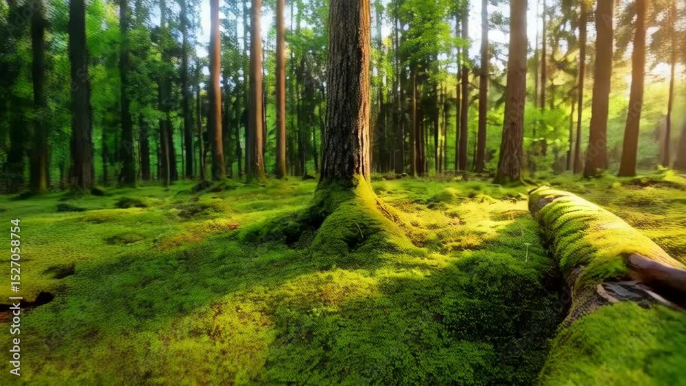 Bright sunlight shining through trees onto a moss covered log in a forest with soft green ground cover during a sunny afternoon