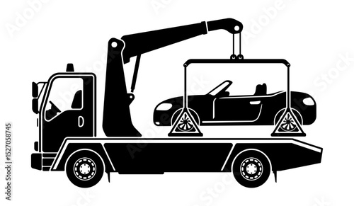 Black tow truck sign with a car on the platform or simple towing symbol without background. Suitable for parking restriction or vehicle evacuation themes.