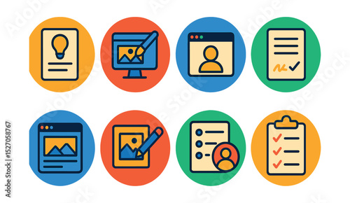 Flat vector icons of web agency assets in circular style: creative brief, design revision, client portal, agency contract, web proposal, brand assets, task allocation, deliverables checklist.