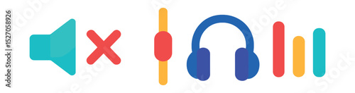 Flat vector icons of mobile audio tools: speaker icon, mute toggle, volume slider, headphones icon, equalizer.