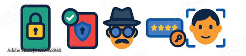 Flat vector icons of privacy and security tools: lock screen, app permission, incognito mode, password entry, face unlock.