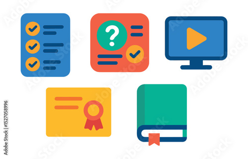 Flat vector icons of educational tools: course list, quiz icon, lesson video, certificate icon, study material.