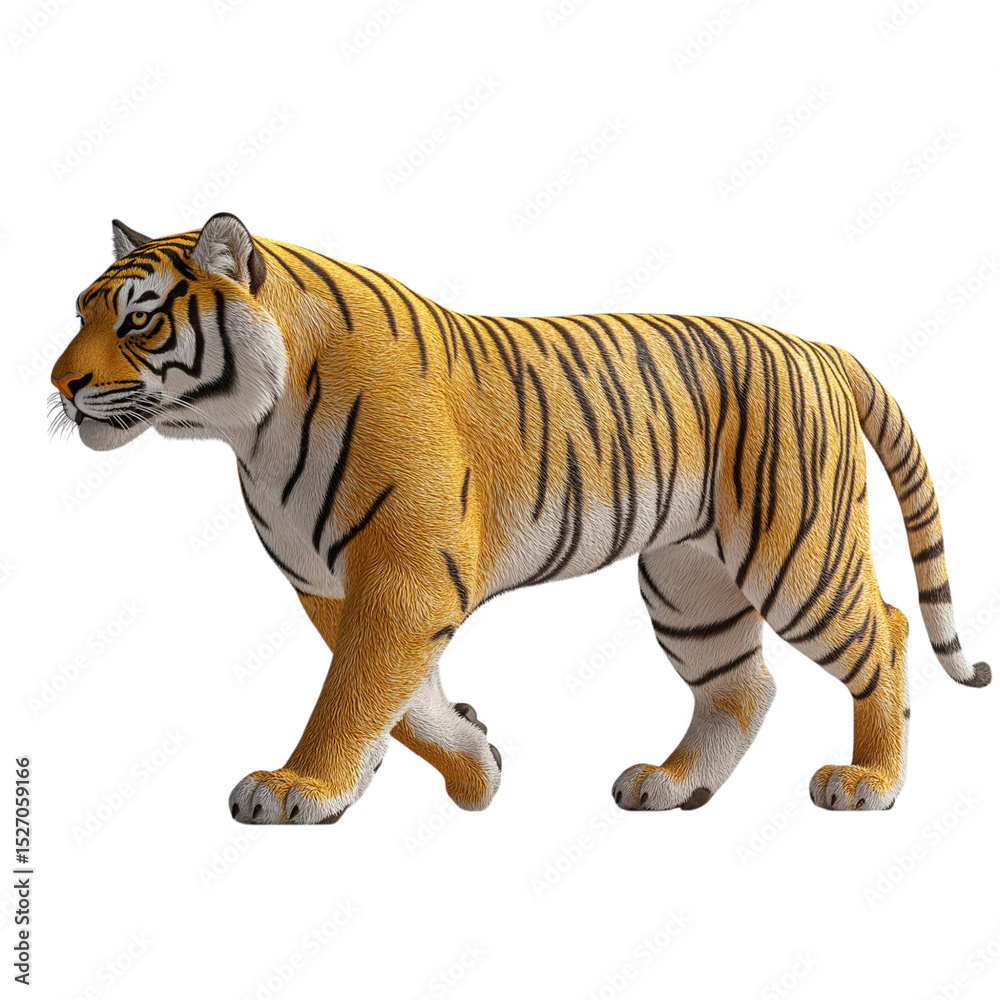 Obraz premium Side view of a golden South China tiger isolated on a white background, realistic depiction with detailed fur and stripes, ideal for wildlife, endangered species, and educational stock content