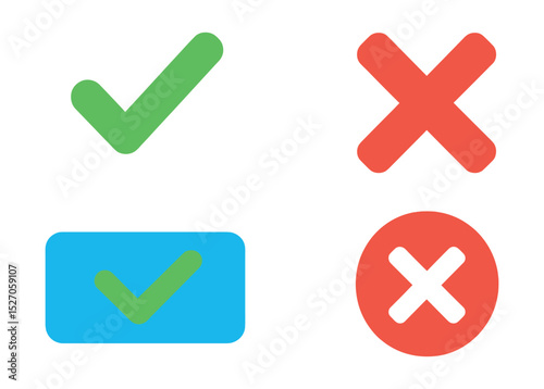 Flat vector icons of confirm and cancel actions: checkmark icon, cancel cross, apply button, reject icon, success check.