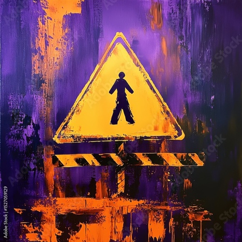 This striking image features an abstract representation of a warning sign with vivid colors against a dark background, creating a powerful visual statement about caution.