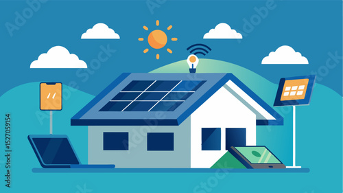 Solar panels on the roof power all electronic devices allowing the remote worker to stay fully connected while minimizing their carbon footprint.. Vector illustration
