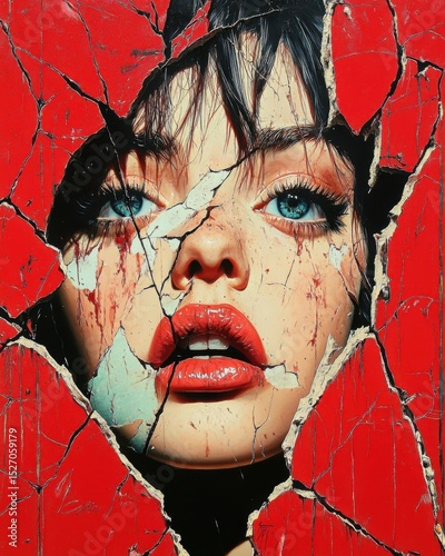 A vivid portrait of a face with striking blue eyes and red features breaking through a cracked red wall, symbolizing emotion, vulnerability, and the struggle for freedom and expression.