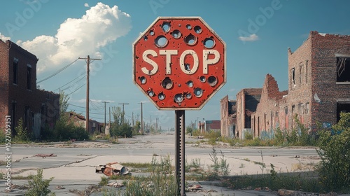 A weathered stop sign riddled with holes stands amidst an abandoned urban landscape, symbolizing neglect and the passage of time in a forgotten city.