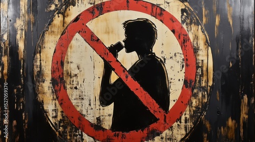 The image showcases a prohibition sign featuring a silhouette of a person holding a drink against a contrasting background, promoting an anti-drinking message.