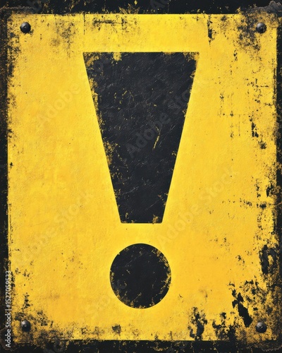 The aged yellow warning sign features a prominent black exclamation mark above a circle, illustrating the need for caution in various scenarios and environments.