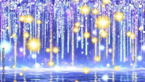 Golden and silver sparkles cascade from glowing sky into shimmering water in dreamy fantasy setting. Abstract magic concept