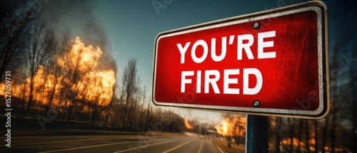 A 'YOU'RE FIRED' sign standing amidst flames, symbolizing the chaos and emotional upheaval surrounding job loss, evoking strong feelings of crisis and urgency.