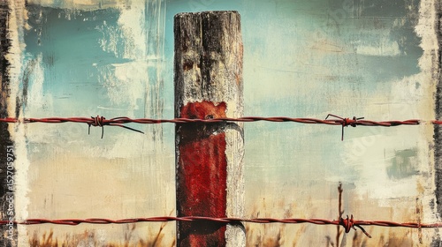 An artistic interpretation of a weathered barbed wire fence post, showcasing the contrast of aged wood and rusted steel against the expansive sky, portraying themes of struggle and survival.