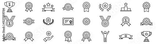 Award line icons set. Trophy or Victory cup, Winner medal prize icon. Vector Reward and Achievement linear icon collection set | Editable Stroke