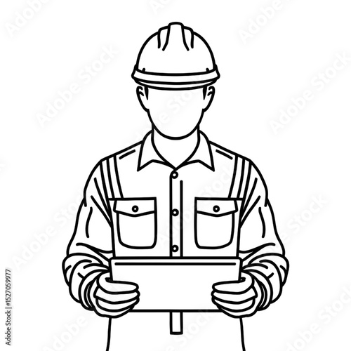 Construction Worker Line Art Icon – Engineer with Helmet and Tablet Drawing