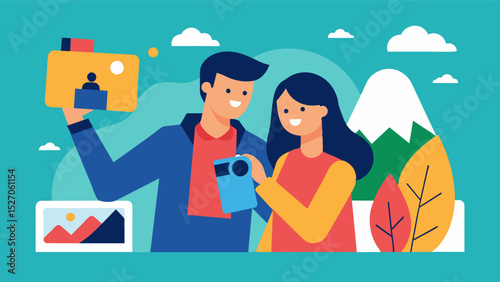 A young couple creating a photo montage to document their travels and adventures together.. Vector illustration