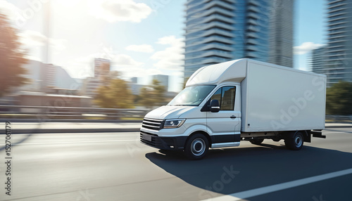 White delivery van rides on urban highway. Express delivery service. Fast shipping. Modern delivery truck with city skyscrapers background emphasizing speed, reliability.