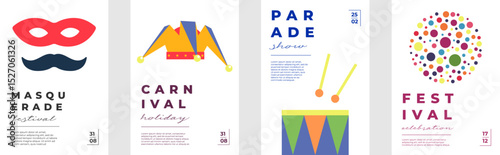 Colorful carnival poster set with festive masks, drums, fireworks and geometric patterns. Perfect for party flyers, parade banners, festival invitations or funfair celebration designs.